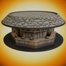 medieval pub with beer kegs and bar from recycled spools for 28mm tabletop gaming 